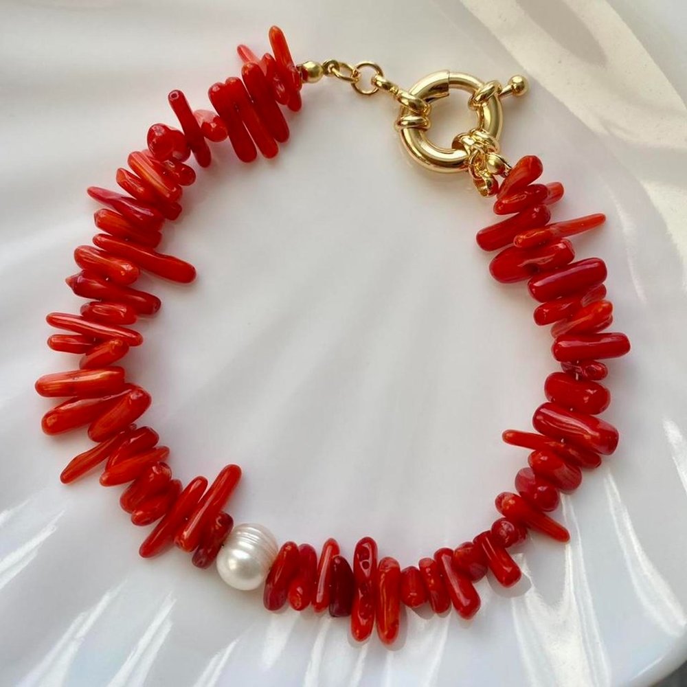 Handmade boho natural coral and pearl bracelet with 24k gold filled clasp